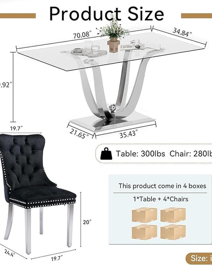 5-Piece Glass Dining Table Set w/4 Black Upholstered Dining Chairs, 70in Rectangular Large Kitchen Table Set for 4, Glass and Silver Dining Table and Chair Set for 4