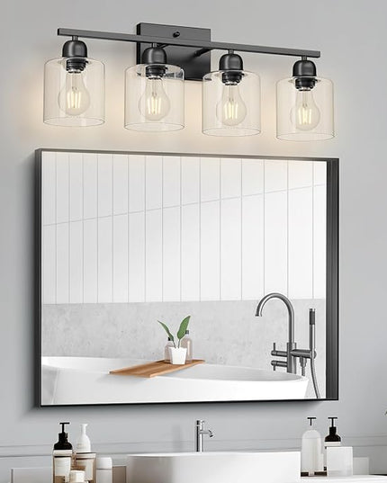 Modern 4 Light Bathroom Light Fixtures, 24 inch Black Vanity Lights for Bathroom with Clear Glass, Bathroom Vanity Light for Mirror Kitchen Living Room Hallway Cabinet Porch