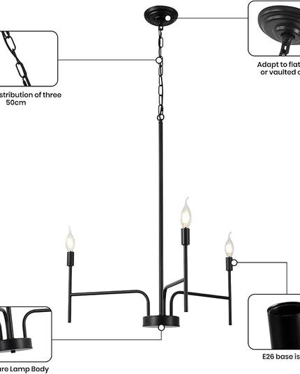 Black Chandelier 3 Light Modern Farmhouse Chandeliers for Dining Room Light Fixture, 30" Round Candle Chandeliers for High Ceilings Living Room Foyer Entryway