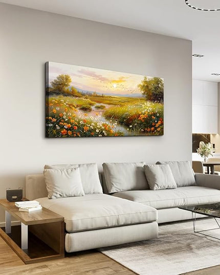 ERQINHUA Large Wall Art For Living Room Canvas Wall Decor For Bedroom Flower landscape Watercolour Painting Office Decoration Countryside Sunrise Scenery Wall Picture Printed Art Home Decor 24"X48"