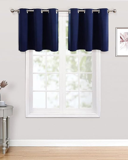 ChrisDowa Small Kitchen Valances for Windows - Grommet Short Thermal Insulated Room Darkening Window Valances Curtains for Living Room (2 Panels, Navy Blue, 42 x 18 Inch)