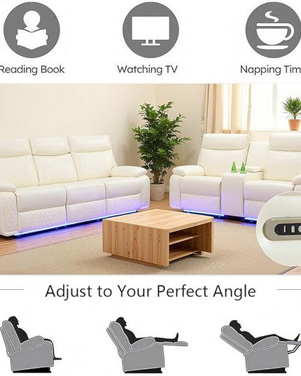 2 Piece Leather Sofa Sets,Power Recliner Sofa and Loveseat Set with LED Light,Living Room Furniture, Reclining Sofa with Cup Holders/Storage Console for House, Vanilla White