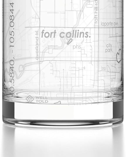 Well Told Engraved Fort Collins Colorado Map Rocks Glass, Old Fashioned Glassware (11 oz, Clear) Etched Bourbon Tumbler, Gifts For Whiskey Lovers