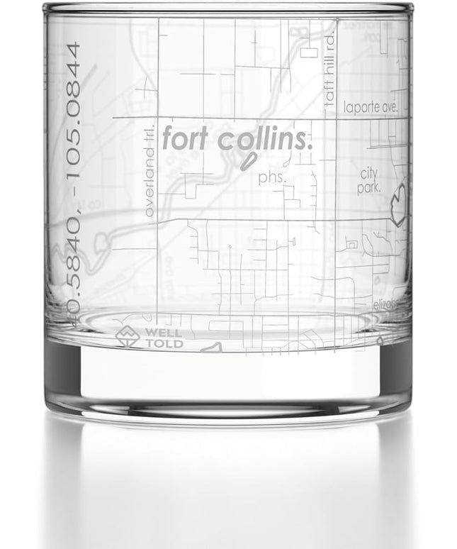 Well Told Engraved Fort Collins Colorado Map Rocks Glass, Old Fashioned Glassware (11 oz, Clear) Etched Bourbon Tumbler, Gifts For Whiskey Lovers