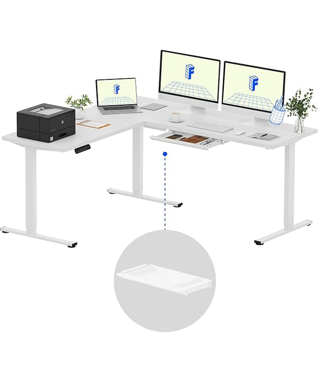FLEXISPOT L Shaped Standing Desk, 71 x 63 Inch Electric Height Adjustable Corner Desk, Sit Stand Computer Workstation, Preset Controller, Home Office, White Frame with White Top, White Drawer