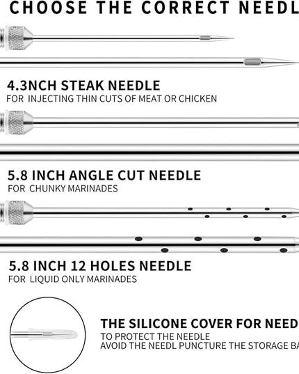 JY COOKMENT Meat Injector Syringe - Flavor Injector with 3 Stainless Steel Professional Needles;2pcs Cleaning Brush for BBQ Grill Smoker 2-oz Large Capacity Barrel