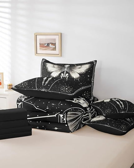 Feelyou Death Moth Kids Comforter Set 7pcs, Boho Moon Star Bed Set King for Boys Girl, Gothic Skull Skeleton Bedding with 1 Comforter,1 Fitted Sheet,1 Flat Sheet,2 Pillowcases,2 Throw Pillow Cover