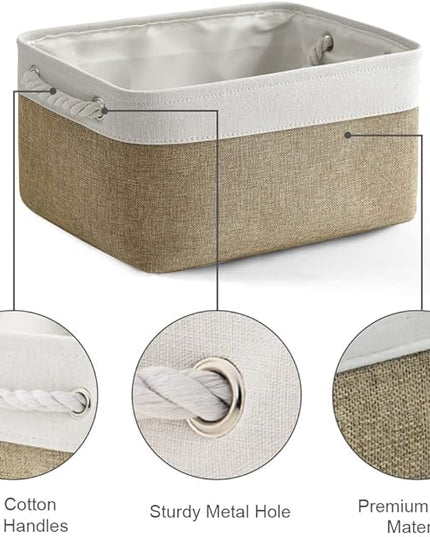 TheWarmHome Storage Basket for Organizing - 14x10x7 inch Medium 3 Pack Collapsible Storage Bin for Shelves with Handles, Canves Storage Box for Organizer Cubes Cloth Gift Toy Closet (White & Khaki)