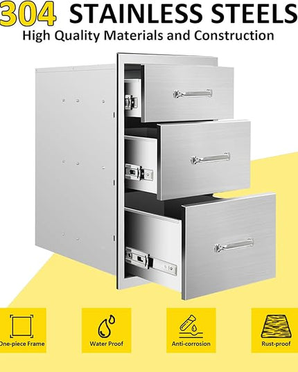 Outdoor Kitchen Drawers 20" W x 27" H x 23" D Flush Mount Triple BBQ Drawers with Chrome Handle Stainless Steel Drawer for Outdoor Kitchen Island, Patio Grill Station