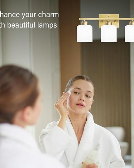 3 Light Gold Bathroom Light Fixtures, Modern Bathroom Vanity Lights with Milky White Frosted Glass Shades, Gold Vanity Mirror with Lights for Mirror Living Room E26 Base