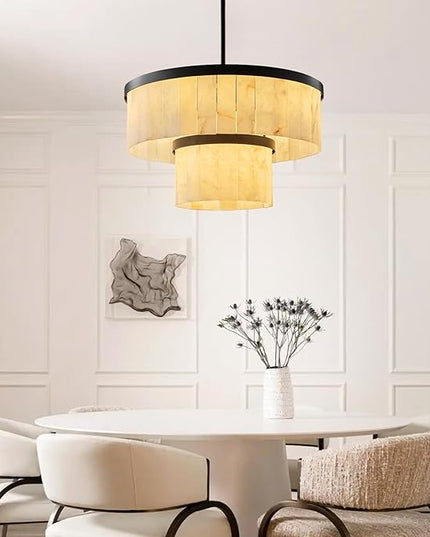 Alabaster Chandelier 2-Tier D24 Round Chandeliers, Modern Dining Room Chandelier Marble Pendant Light Farmhouse for Living Room, Bedroom, Foyer, Kitchen, Entryway Black(Include Bulbs)