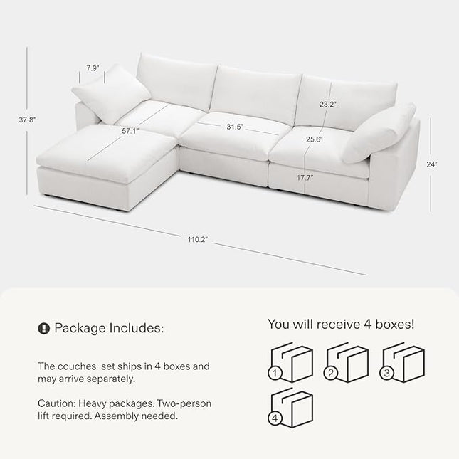 Cloud Couch Oversized Modular Sectional Sofa True Relax Comfy Couches Wide&Deep Seat Sofas for Living Room Metal Frame Furniture Sets, 3 Seater with Ottoman L Shaped 110.2" Width
