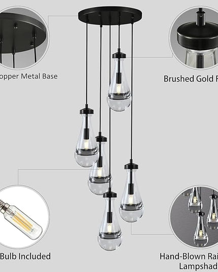 Bronze 5 Light Raindrop Chandeliers, Black Cluster Pendant Light Teardrop Dining Room Light Fixture Pendant Lights Kitchen Island, Hanging Ceiling Pendant Lighting for Entryway Living Room
