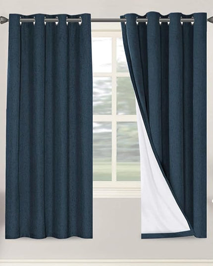 H.VERSAILTEX Linen Blackout Curtains 72 Inches Long 100% Absolutely Blackout Thermal Insulated Textured Linen Look Curtain Draperies Anti-Rust Grommet, Energy Saving with White Liner, 2 Panels, Navy