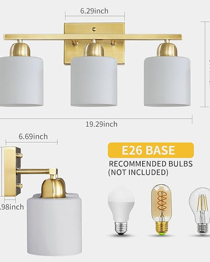 3 Light Gold Bathroom Light Fixtures, Modern Bathroom Vanity Lights with Milky White Frosted Glass Shades, Gold Vanity Mirror with Lights for Mirror Living Room E26 Base