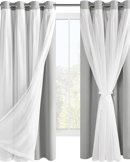 Hiasan Blackout Curtains with Sheer Overlay, Thermal Insulated Privacy Double Layer Mix & Match Window Curtains for Girls Bedroom, Living Room, 2 Drape Panels with Tiebacks, Silver Grey, 52W X 63L