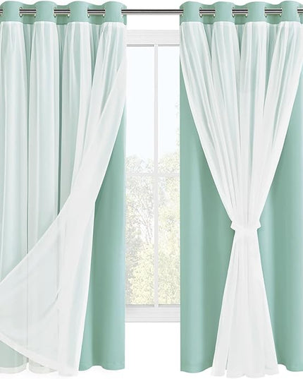 Hiasan Blackout Curtains with Sheer Overlay, Grommet Thermal Insulated Privacy Mix and Match Double Layer Window Curtains for Bedroom, Living Room, 2 Drape Panels with Tiebacks, Aqua, 52W X 63L