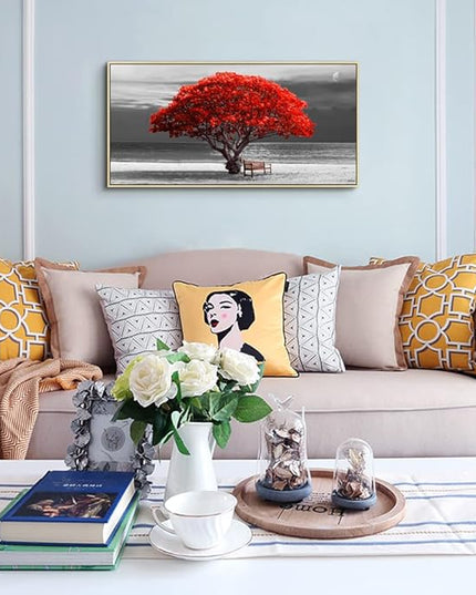 Framed Canvas Wall Art For Living Room Large Size Wall Decor For Bedroom Black White With Beach Wall Painting Moon Red Trees Canvas Pictures Artwork Boho Home Decorations Natural Wood Framed 24" X 48"