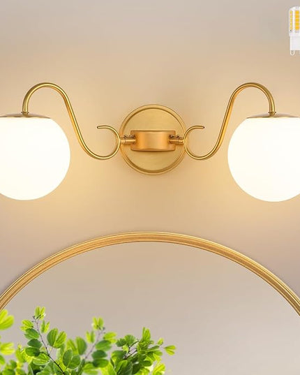 2 Lights Bathroom Vanity Light Fixtures Over Mirror, Brushed Gold Vintage Vanity Lights For Bathroom With Milk White Glass Globe Shade, Wall Lights For Bedroom, Hallway, Dressing Table,Includ G9 Bulbs