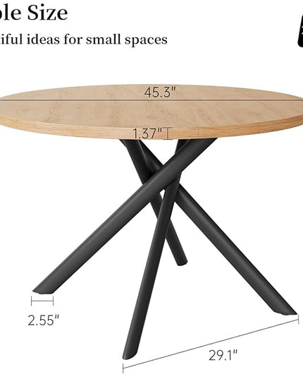 45.3 Inch Modern Round Dining Table for 4, Space-Saving Dinette with Carbon Steel Legs for Home Kitchen Apartment(Oak Table)