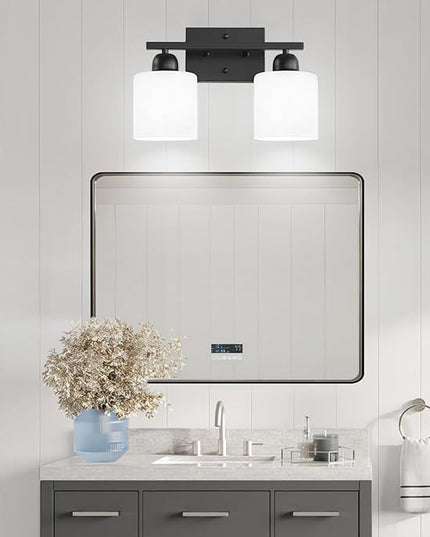 2 Light Black Bathroom Light Fixture, Modern Bathroom Lights with Milky White Frosted Glass Shades for Mirror Living Room Bedroom Hallway E26 Base