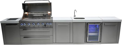 Mont Alpi MAi805-BEVXL 6-Burner 115000 BTU Original Stainless Steel Island Outdoor Kitchen Gas BBQ Grill + Beverage Center Faucet & Sink + Granite Countertops + 25" Right Extra Storage Cabinet