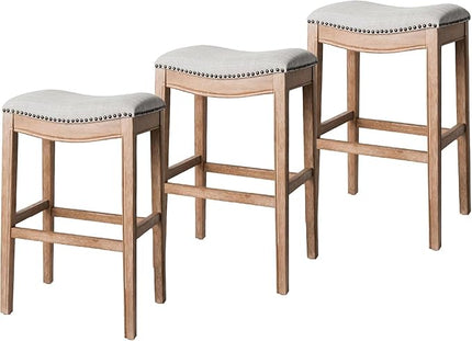 Maven Lane Adrien Backless Bar Stool – Set of 3 – 31 Inch Saddle Seat with Footrest – Brown Solid Wood Frame & Natural Fabric Upholstery – Ideal for Bars, Pub Tables & Tall Kitchen Counters