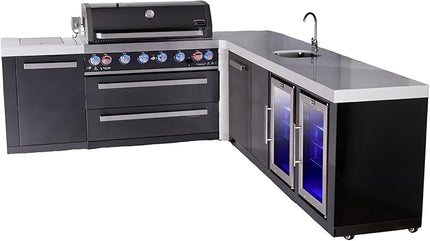 Mont Alpi MAi805-BSS90BEVFCXL 6-Burner 94"x113" L-shaped Premium Black Stainless Steel Outdoor Kitchen Island BBQ Gas Grill + Beverage Center Sink & Faucet + Fridge + Granite Countertops + Rotisserie