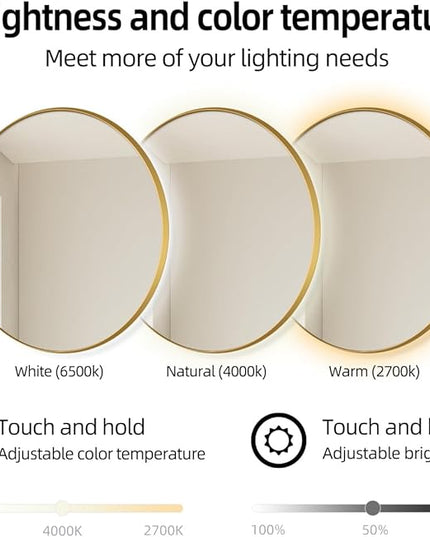 32" LED Backlit Round Mirror for Bathroom, Gold Framed LED Smart Circle Mirrors with 3 Colors, Dimmable Lighted Mirror with Anti-Fog, IP65 Waterproof, CRI 93+, UL-Listed