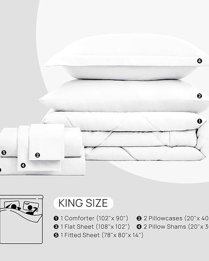 Love's cabin King Size Comforter Set White, 7 Pieces King Bed in a Bag, All Season Bedding Sets with 1 Comforter, 1 Flat Sheet, 1 Fitted Sheet, 2 Pillowcase and 2 Pillow Sham