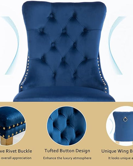 5-Piece Glass Dining Table Set w/4 Blue Upholstered Dining Chairs, 70in Rectangular Large Kitchen Table Set for 4, Glass and Gold Dining Table and Chair Set for 4