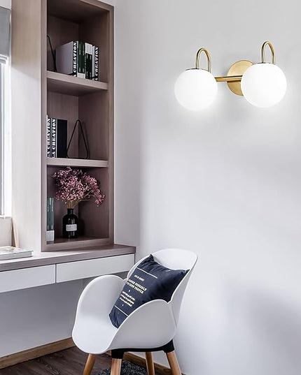 Modern Bathroom Vanity Light Fixtures 2 Lights Brushed Brass Milk White Globe Glass Shade Modern Wall Bar Sconce Lighting Bath Vanity Lights Over Mirror (Exclude G9 Bulb)