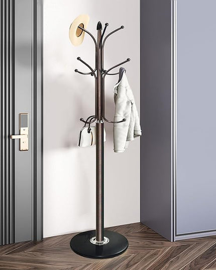 Kertnic Metal Coat Rack Stand with Natural Marble Base, Free Standing Hall Tree with 12 Hooks for Hanging Scarf, Bag, Jacket, Home Entry-way Hat Hanger Organizer (Bronze)