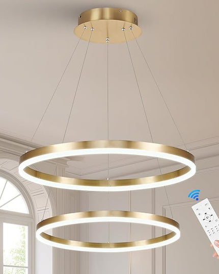 2-Rings Modern LED Chandelier Gold for Dining Room, Circular Flush Mount Ceiling Chandelier Light Dimmable Pendant Light with Remote Control for Living Room Entrance Foyer, 3000K-6500K