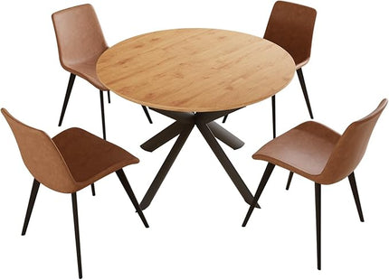 43.2"-59.1" Extendable Round Dining Table Set, Mid Century Modern Wooden Round Table, Leisure Oak Coffee Table,w/ 4 PU Leather Chairs