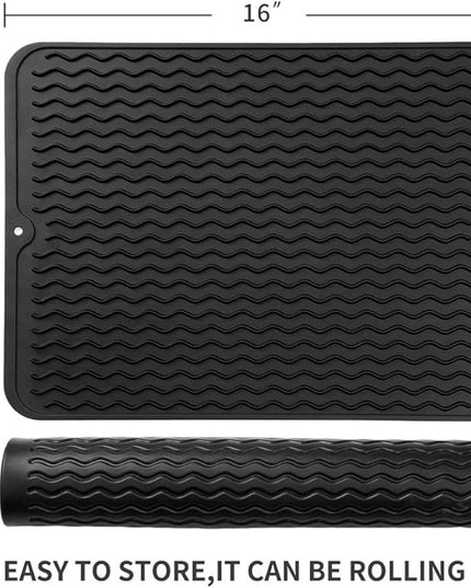 Silicone Dish Drying Mat for Multiple Usage,Easy clean,Eco-friendly,Heat-resistant Silicone Mat for Kitchen Counter or Sink,Refrigerator or drawer liner Black L 16 inches x 12 inches