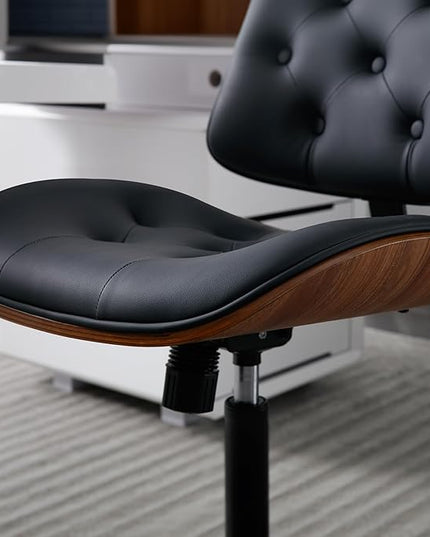 Armless Home Office Chair with Wheels, PU Leather Adjustable Height Computer Desk Chair, 360 Swivel Small No Arms Chair, Modern Button Walnut Style for Office, Reading Meeting Room(Black)