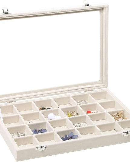 Stratalife Jewelry Organizer Jewelry Tray with Lid See-through Display Showcase Large Earring Organizer Velvet Storage Box for Earring Necklace Rings Dice Beige (24 Grids)