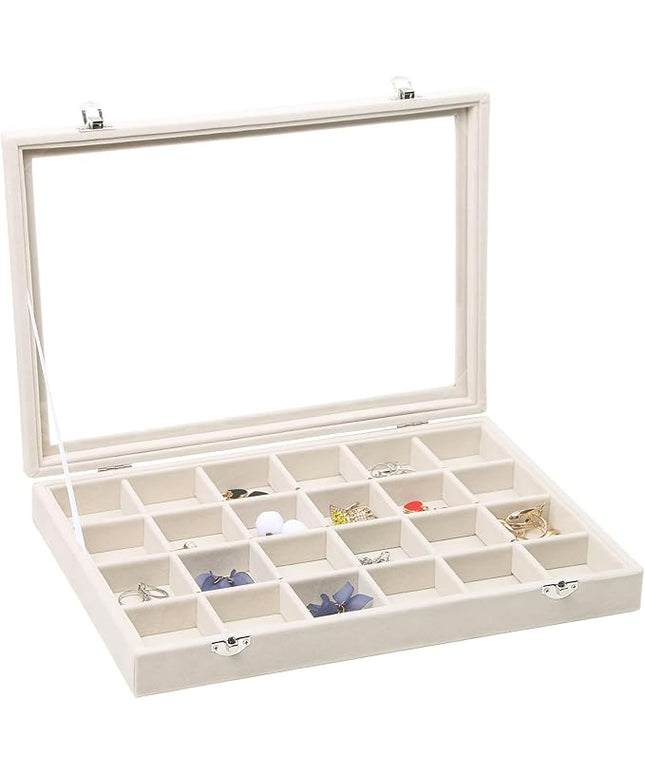 Stratalife Jewelry Organizer Jewelry Tray with Lid See-through Display Showcase Large Earring Organizer Velvet Storage Box for Earring Necklace Rings Dice Beige (24 Grids)