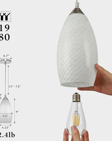 Pendant Lighting, Modern White Fishline Handblown Glass, 4.25" x 9" Tall, Oval Art Shade Hanging Light, Brushed Nickel Hardware for Kitchen, Dining Room, Foyer Decor 4.7" Shade (1 Pack)