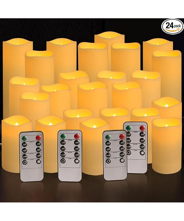 Set of 24 Waterproof Outdoor Flameless Candles, LED Candles with 4 Remote and Timer,(H 4" 5" 6" x D 2.2"),for Christmas,Halloween,Wedding,Festival