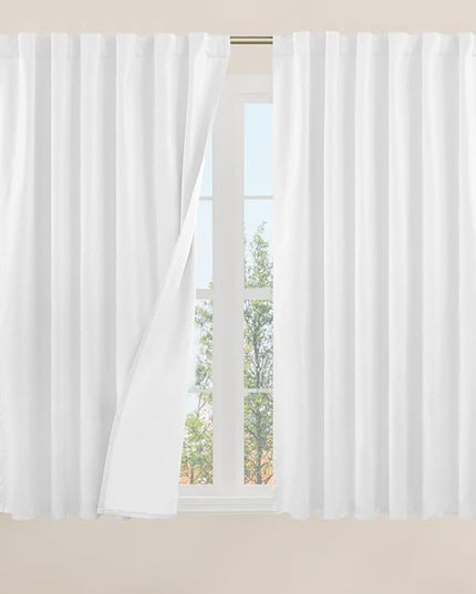 LAMIT White Linen Textured Blackout Curtains 54 Inches for Bedroom, Thermal Farmhouse Curtains Back Tab and Rod Pocket Privacy Protected Burlap Panels with White Liner, 2 Panels, 52 x 54 Inch