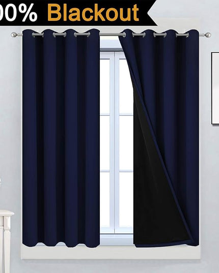 Yakamok 100% Blackout Curtains 45 Inches Long, 2 Thick Layers Total Blackout Drapes, Light Blocking Thermal Insulated Lined Blackout Curtains for Bedroom(Navy Blue, 52" Width Each Panel, 2 Panels)