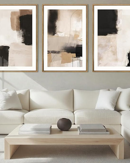 ANHUIB Neutral Abstract Wall Art Beige Modern Wall Decor 16x24 Inch Minimalist Black Paintings Set of 3 for Living Room Bedroom Dining Room