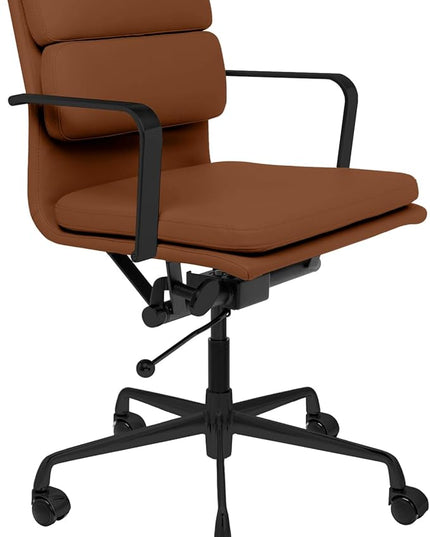 Laura Davidson Furniture SOHO II Padded Management Office Chair - Mid Back Desk Chair with Arm Rest, Swivel & Cushion Availability, Made of Faux Leather, Brown with Black Frame, Computer Chair