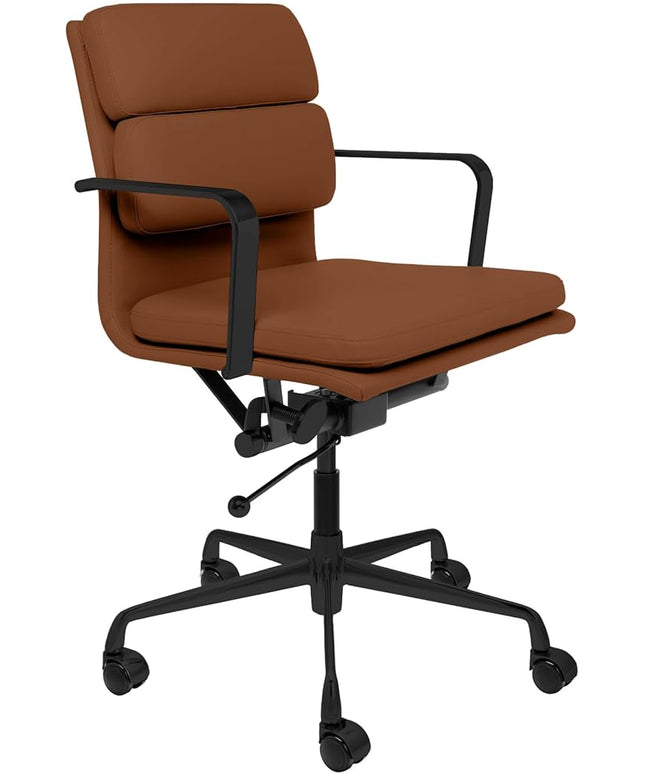 Laura Davidson Furniture SOHO II Padded Management Office Chair - Mid Back Desk Chair with Arm Rest, Swivel & Cushion Availability, Made of Faux Leather, Brown with Black Frame, Computer Chair