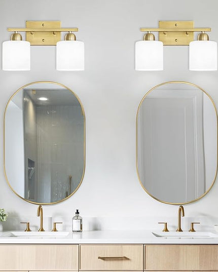 2 Light Bathroom Vanity, Bathroom Lights Over Mirror with Milky White Frosted Glass Shades, Gold Vanity Light for Mirror Living Room Bedroom Hallway E26 Base