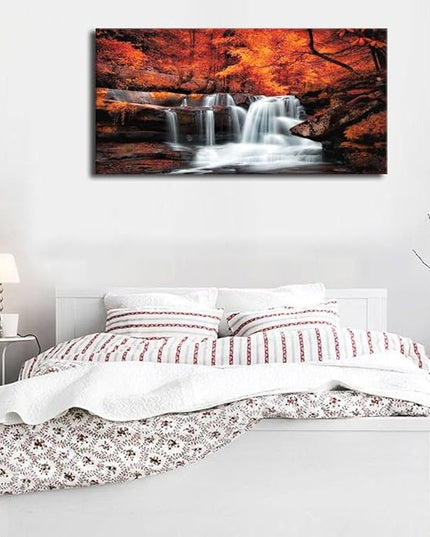 yearainn Autumn Forest Canvas Wall Art Waterfall Picture Stream River Landscape Red Tree Modern Canvas Artwork Contemporary Nature Picture Living Room Bedroom Home Office Wall Decor 29" x 58"