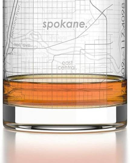 Well Told Engraved Spokane Washington Map Rocks Glass, Old Fashioned Glassware (11 oz, Clear) Etched Bourbon Tumbler, Gifts For Whiskey Lovers