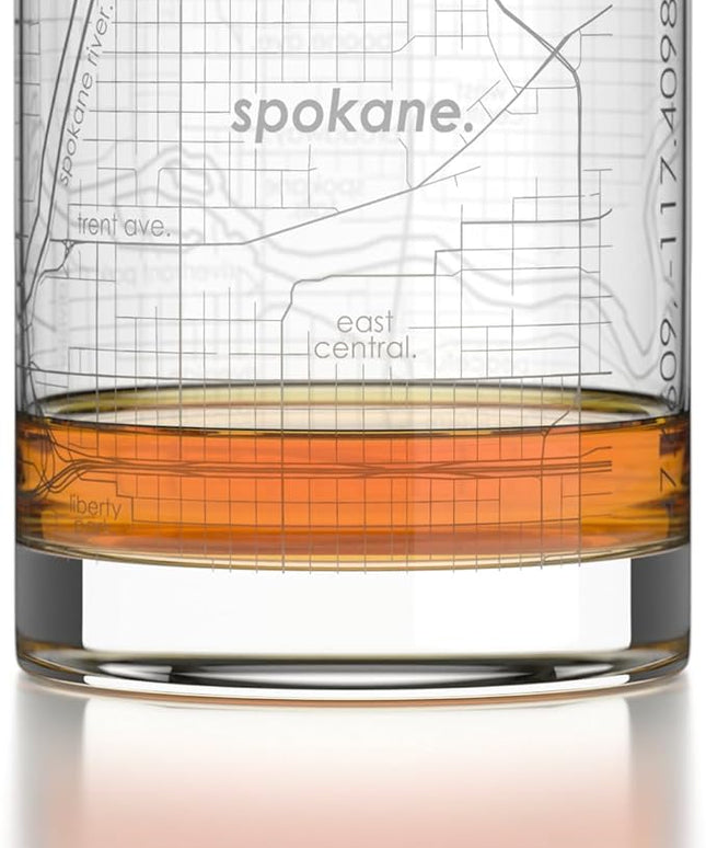 Well Told Engraved Spokane Washington Map Rocks Glass, Old Fashioned Glassware (11 oz, Clear) Etched Bourbon Tumbler, Gifts For Whiskey Lovers